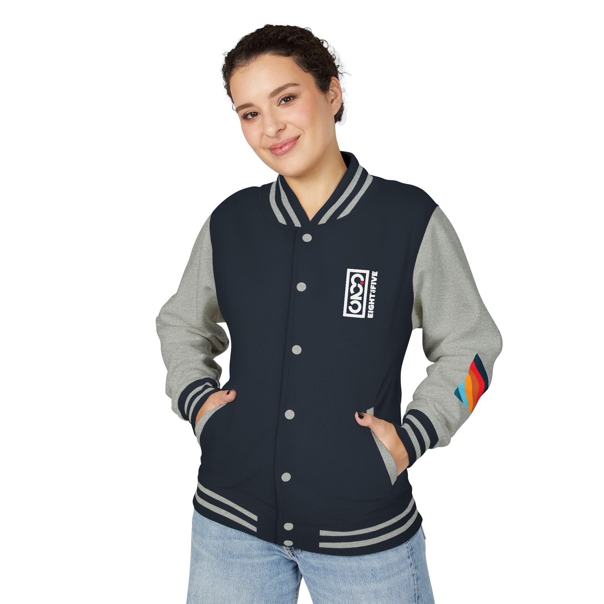 825 On Your Mark Color Stripe and Logo Unisex Heavyweight Letterman Jacket