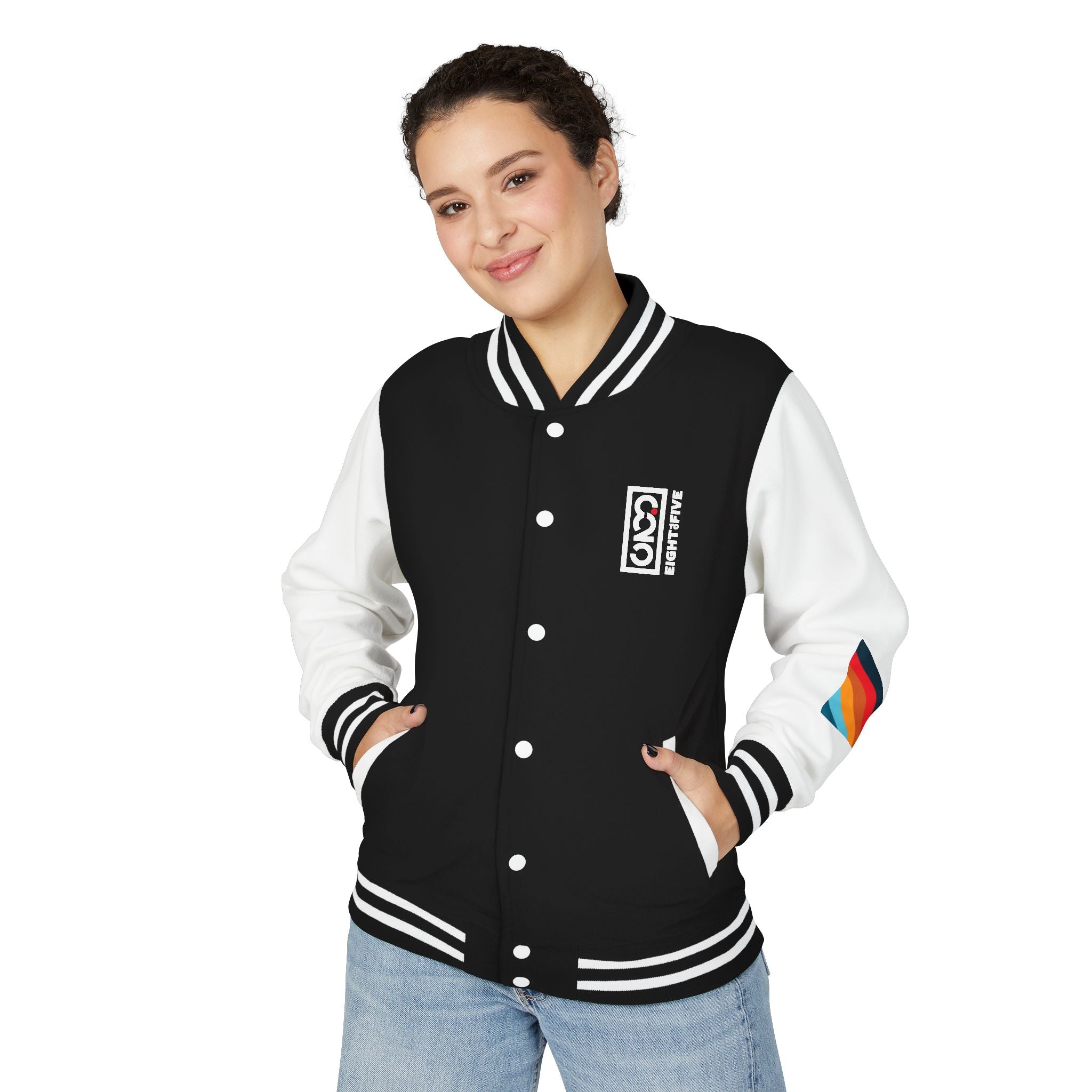 825 On Your Mark Color Stripe and Logo Unisex Heavyweight Letterman Jacket