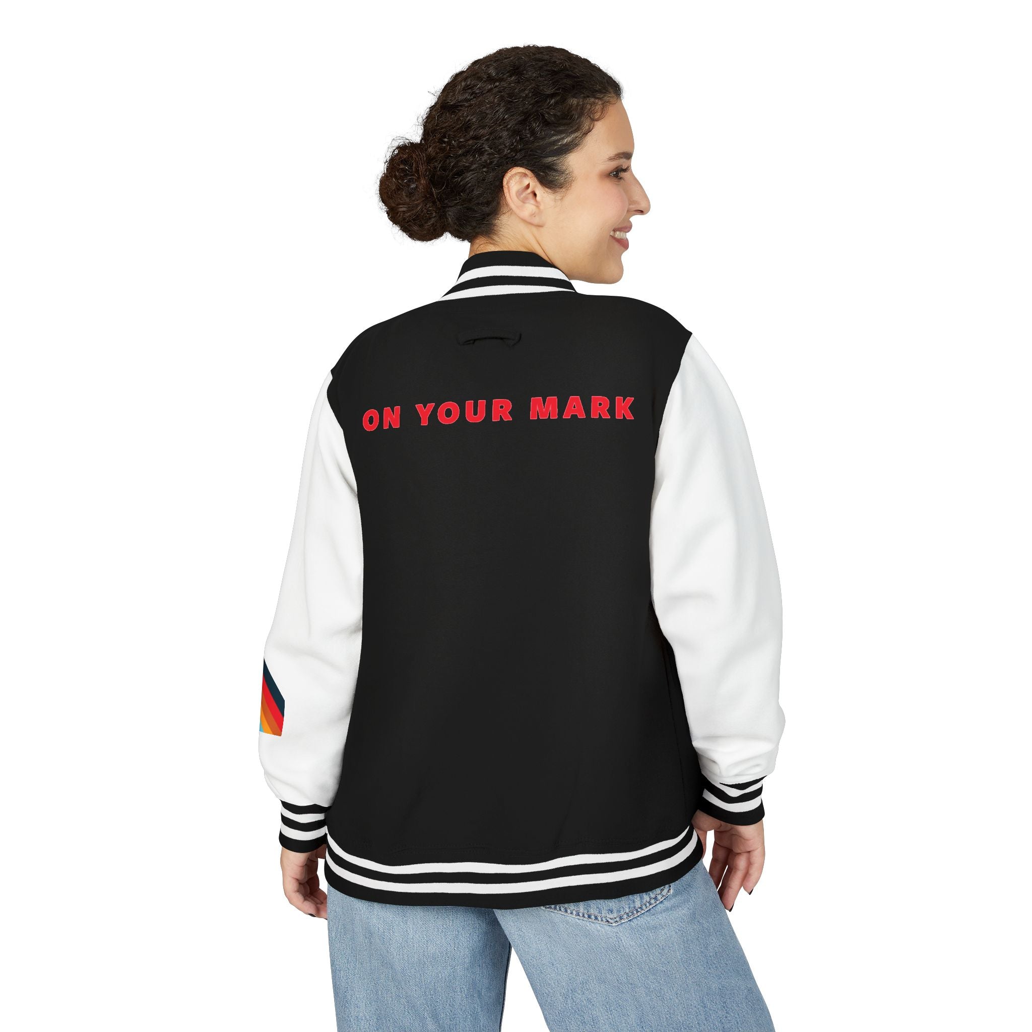 825 On Your Mark Color Stripe and Logo Unisex Heavyweight Letterman Jacket