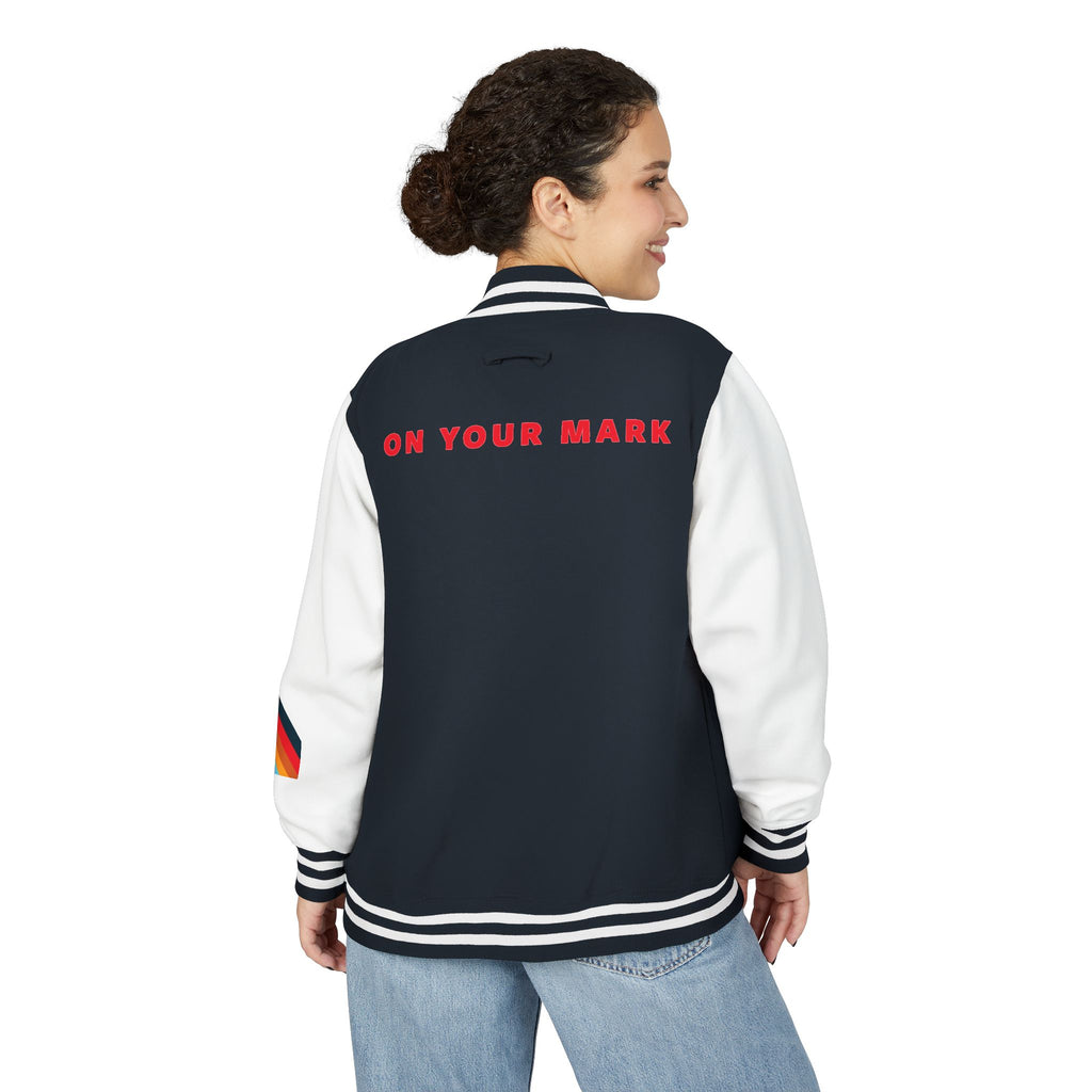 825 On Your Mark Color Stripe and Logo Unisex Heavyweight Letterman Jacket