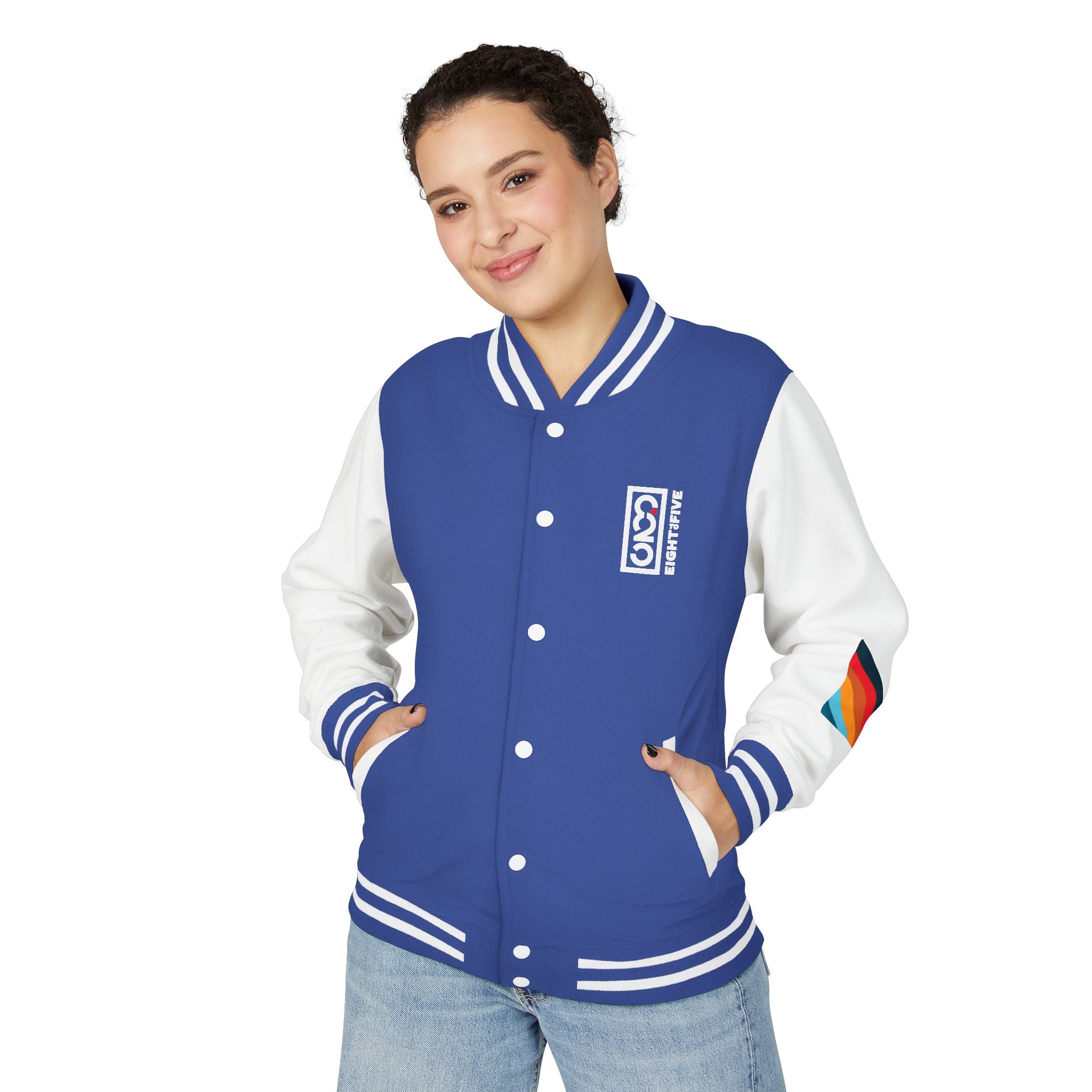 825 On Your Mark Color Stripe and Logo Unisex Heavyweight Letterman Jacket
