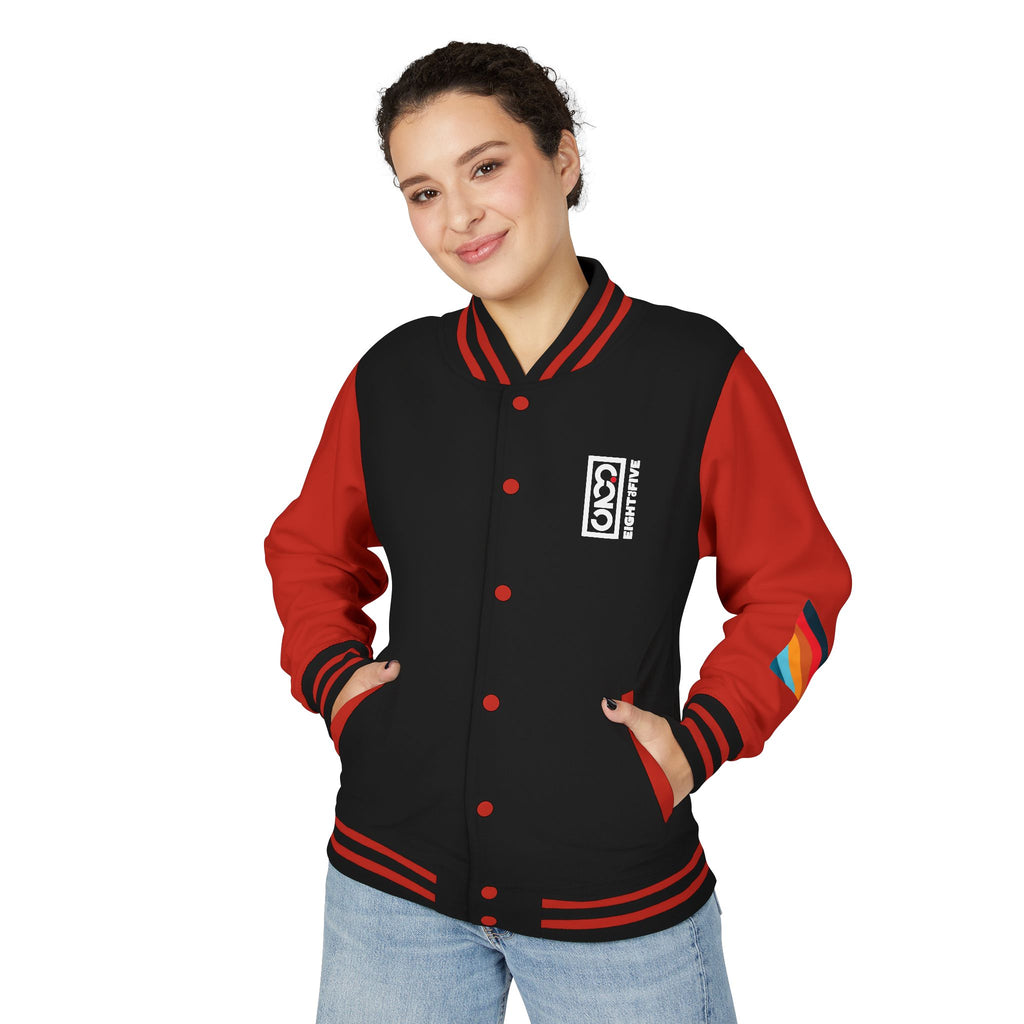 825 On Your Mark Color Stripe and Logo Unisex Heavyweight Letterman Jacket