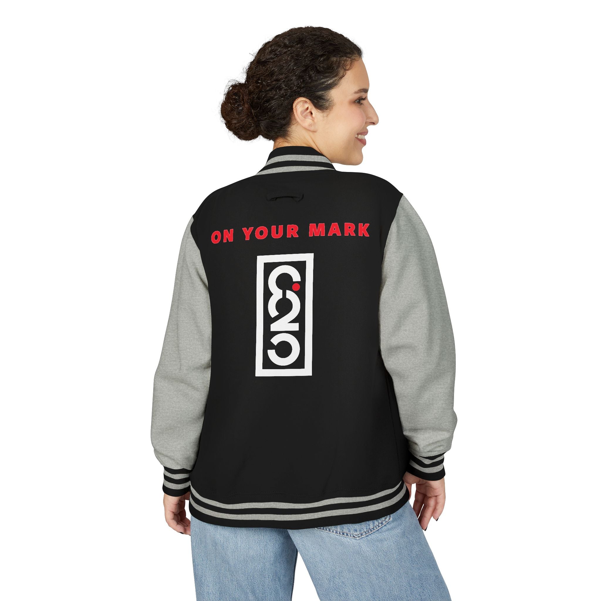 825 On Your Mark Color Stripe and Logo Unisex Heavyweight Letterman Jacket