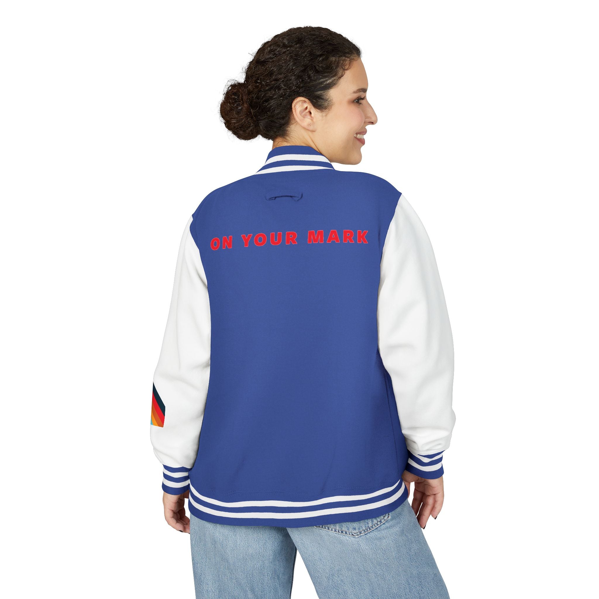 825 On Your Mark Color Stripe and Logo Unisex Heavyweight Letterman Jacket