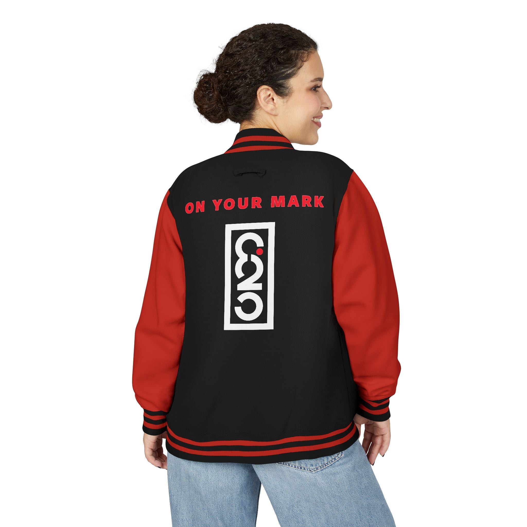 825 On Your Mark Color Stripe and Logo Unisex Heavyweight Letterman Jacket