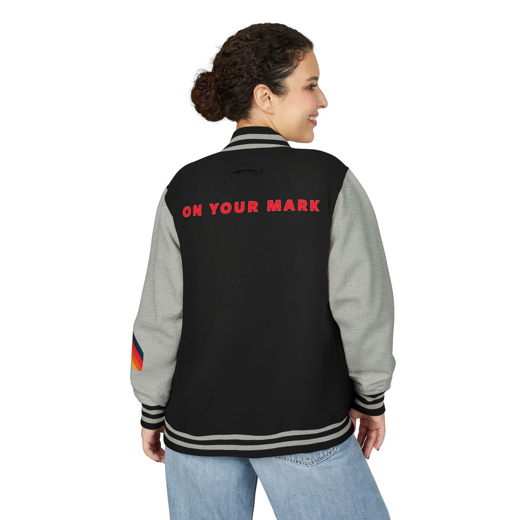 825 On Your Mark Color Stripe and Logo Unisex Heavyweight Letterman Jacket
