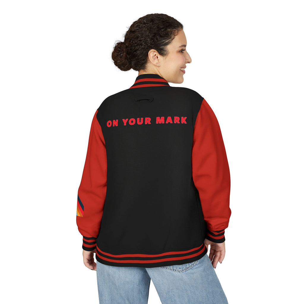 825 On Your Mark Color Stripe and Logo Unisex Heavyweight Letterman Jacket