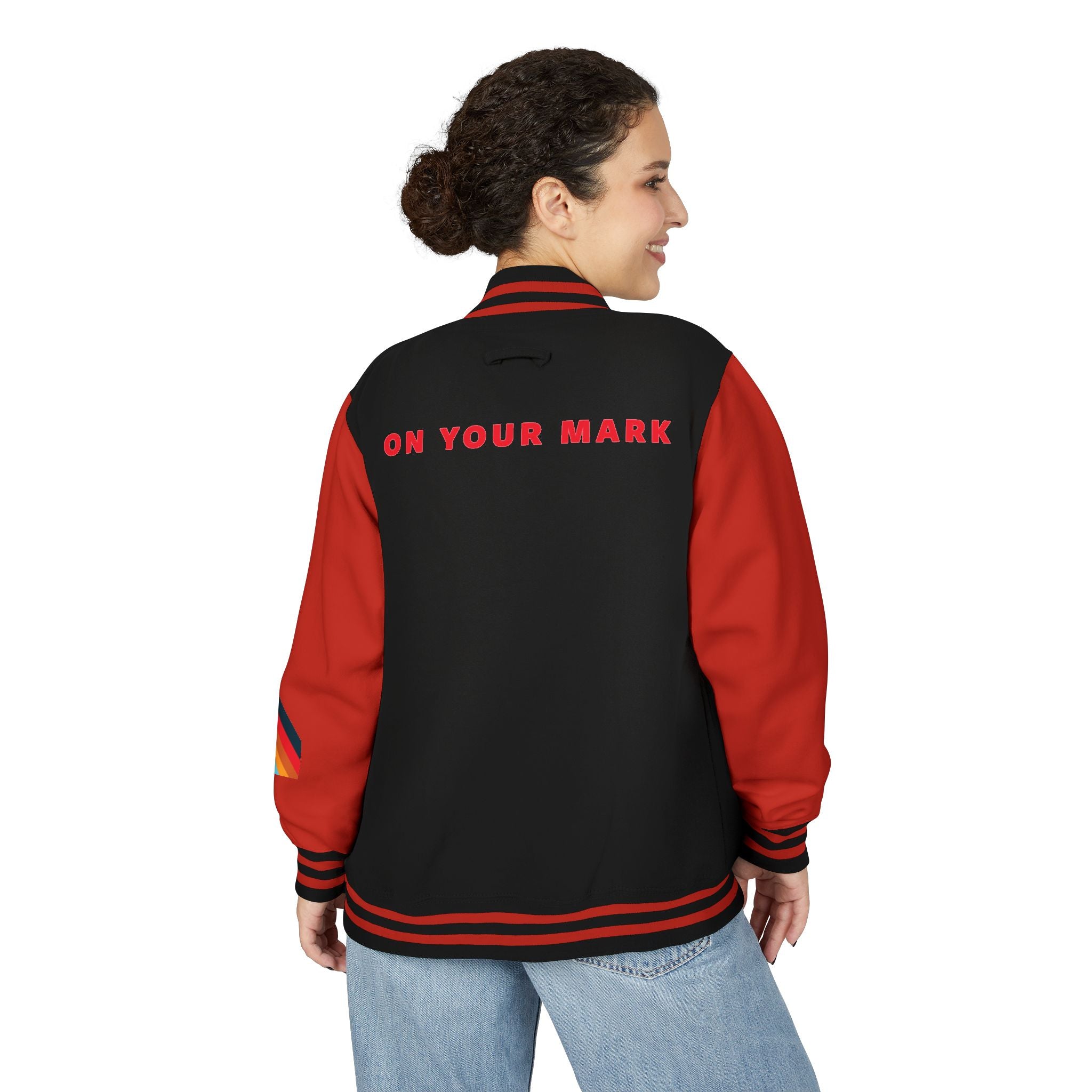 825 On Your Mark Color Stripe and Logo Unisex Heavyweight Letterman Jacket