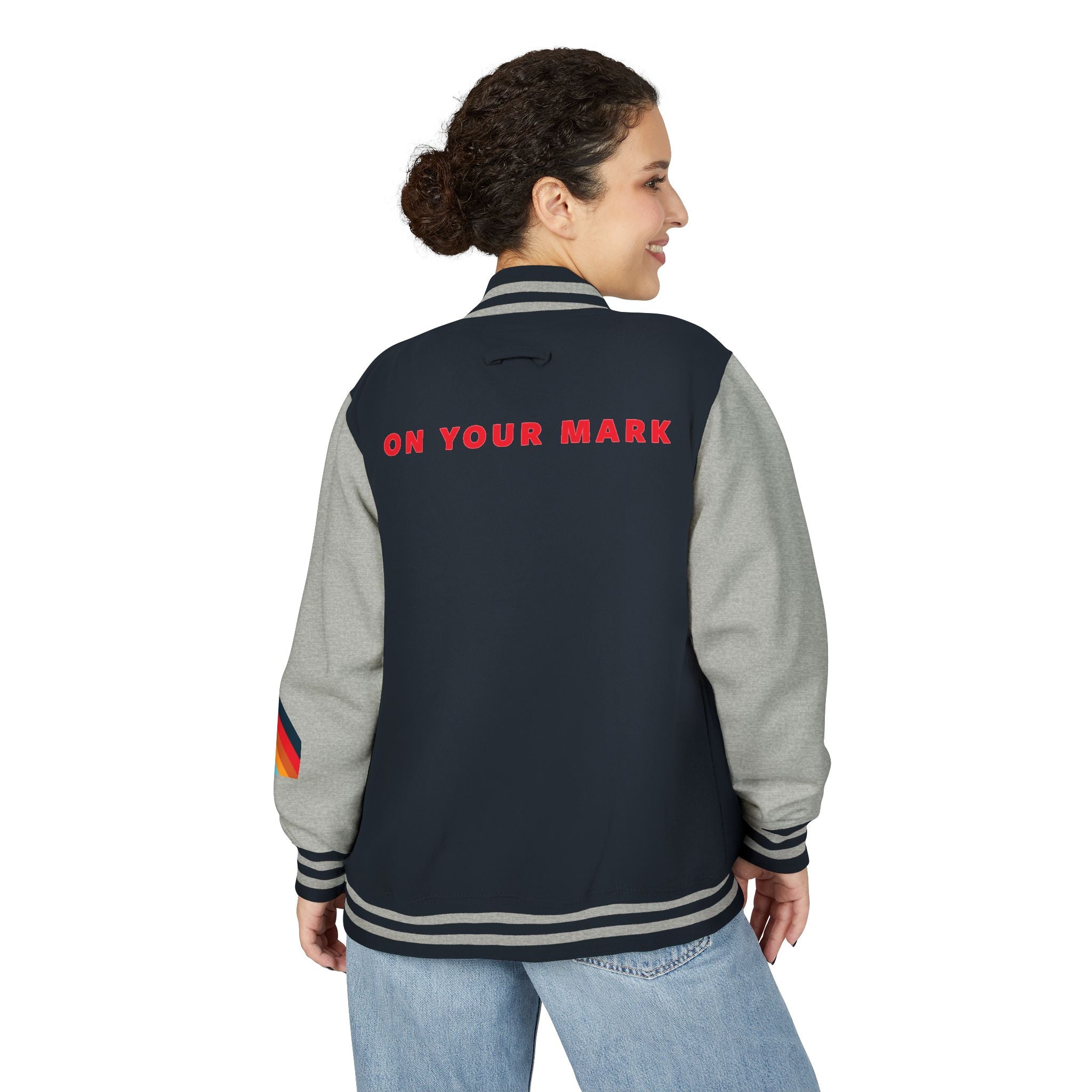 825 On Your Mark Color Stripe and Logo Unisex Heavyweight Letterman Jacket