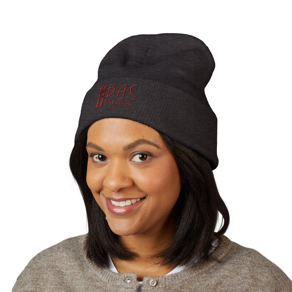BAC Music Embroidered Cuffed Beanie — College-Style Knit Hat